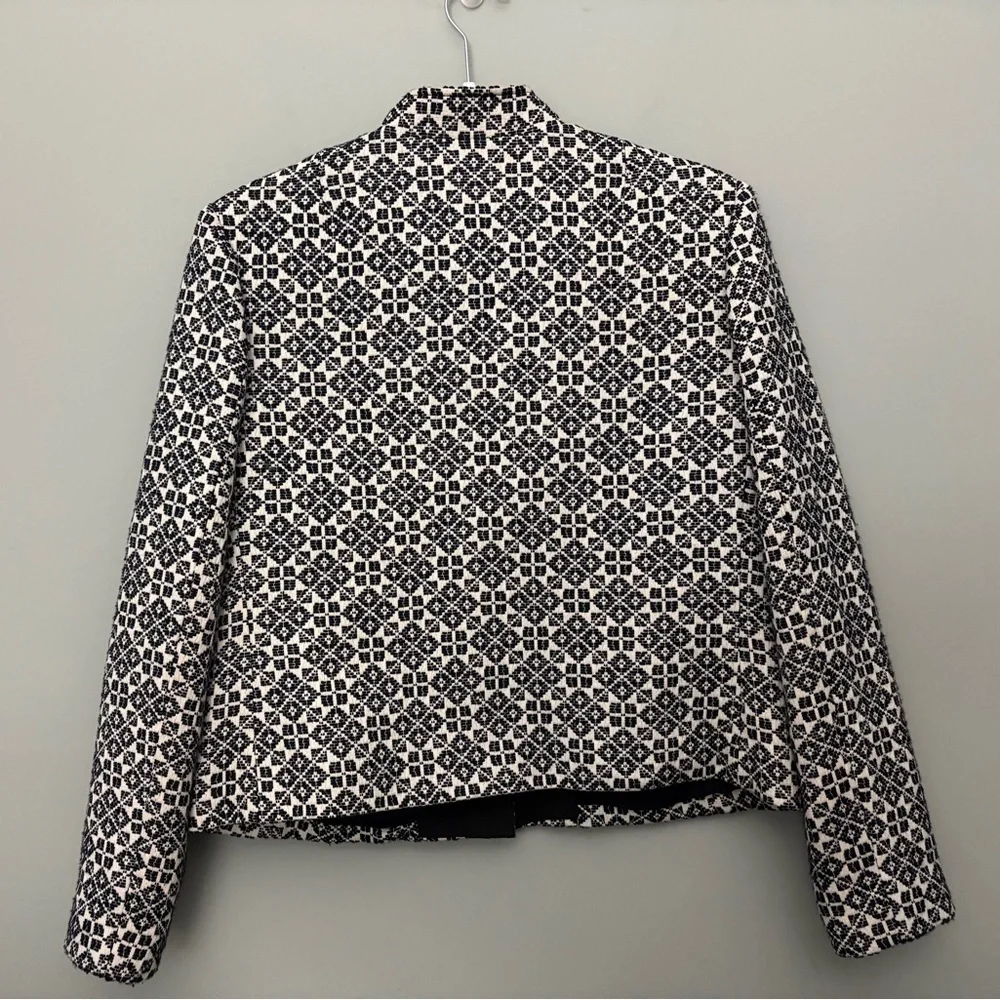 Tory Burch Embellished Jacquard Jacket Size 12 Navy Ivory Collarless Blazer